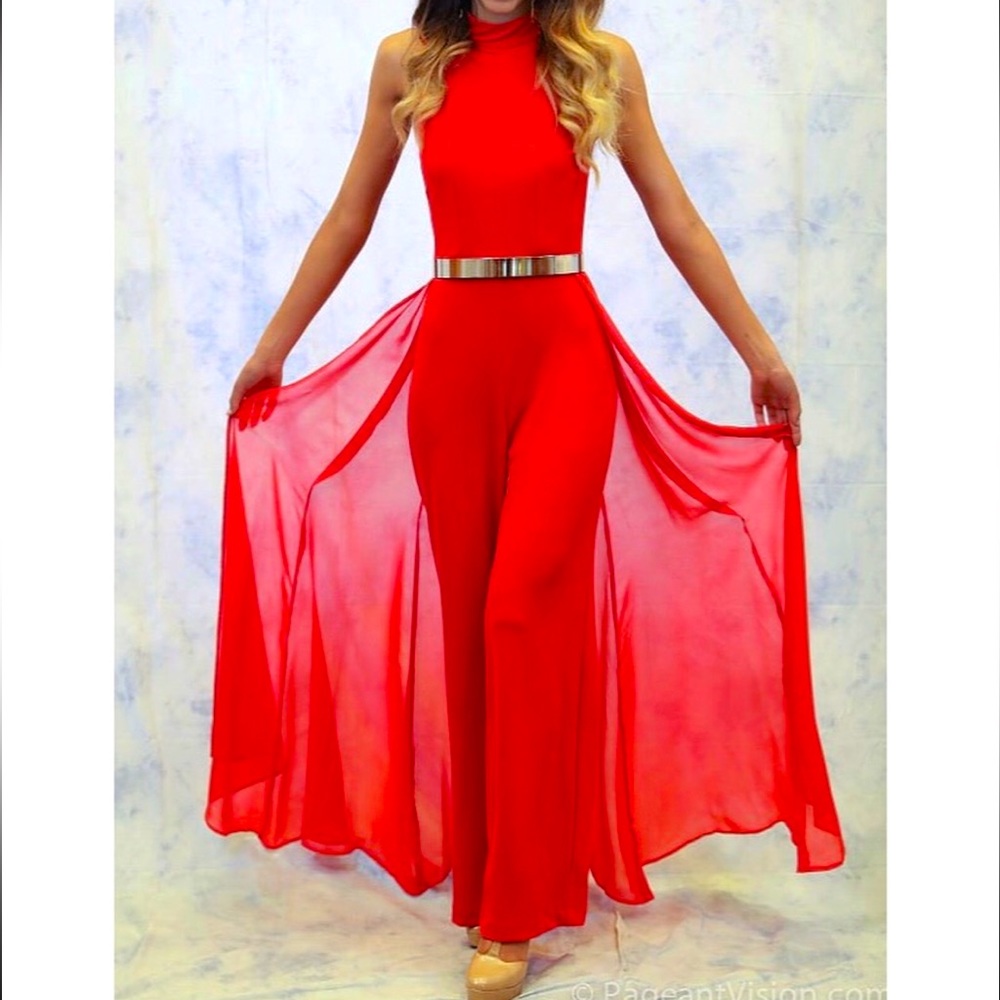 HOLIDAY - New York and Company Red Jumpsuit with Silk Cape